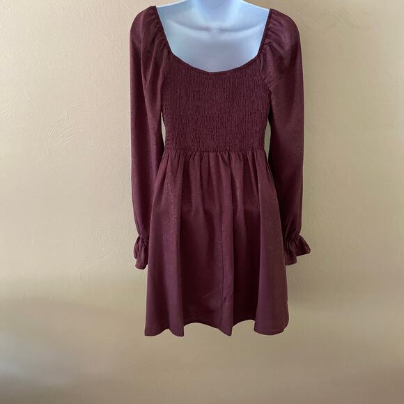 Allison & Kelly Poet Sleeve Sweetheart Neck Burgundy Gold Shimmer Mini Dress M - Picture 6 of 12